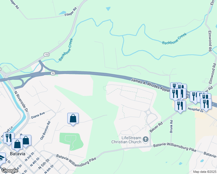 map of restaurants, bars, coffee shops, grocery stores, and more near 2110 Crossridge Drive in Batavia