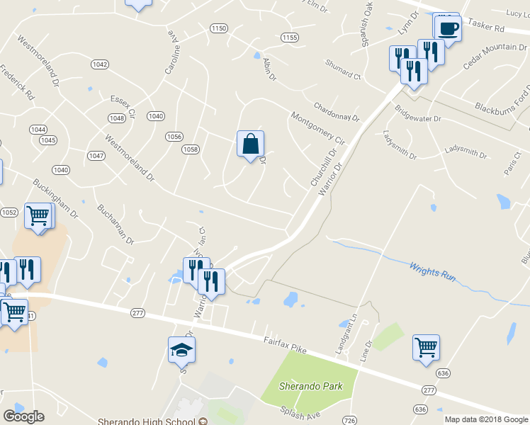 map of restaurants, bars, coffee shops, grocery stores, and more near 111 Montgomery Circle in Stephens City