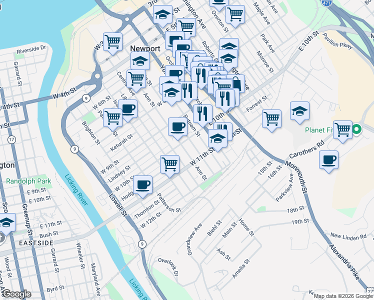 map of restaurants, bars, coffee shops, grocery stores, and more near 1040 Ann Street in Newport