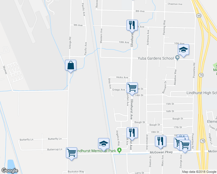 map of restaurants, bars, coffee shops, grocery stores, and more near 4512 Shay Avenue in Olivehurst