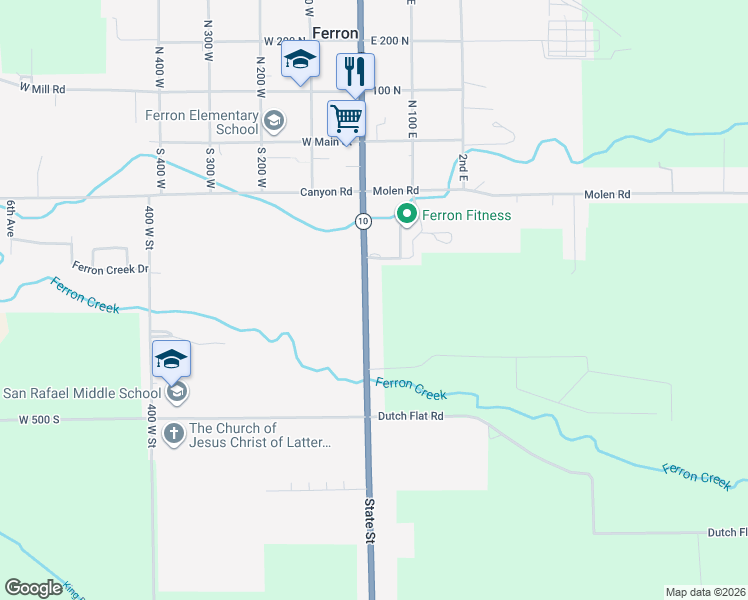 map of restaurants, bars, coffee shops, grocery stores, and more near 300-406 State Street in Ferron