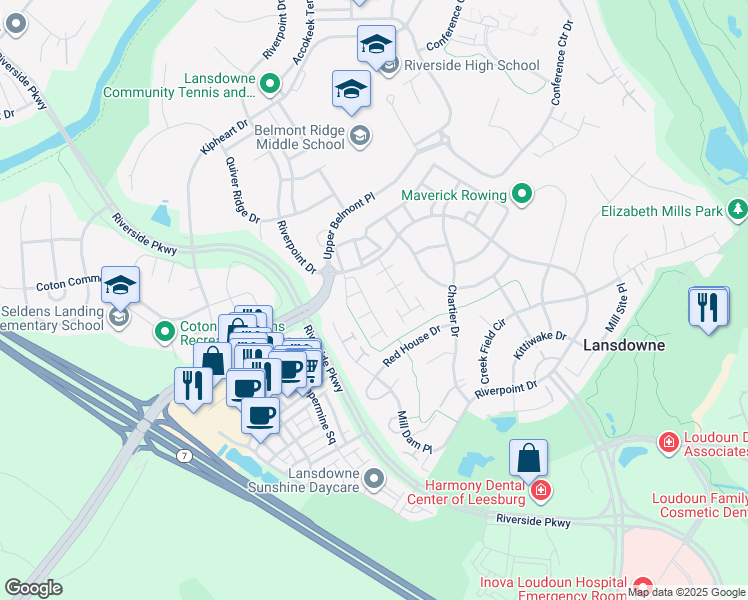 map of restaurants, bars, coffee shops, grocery stores, and more near 19192 Greystone Square in Leesburg