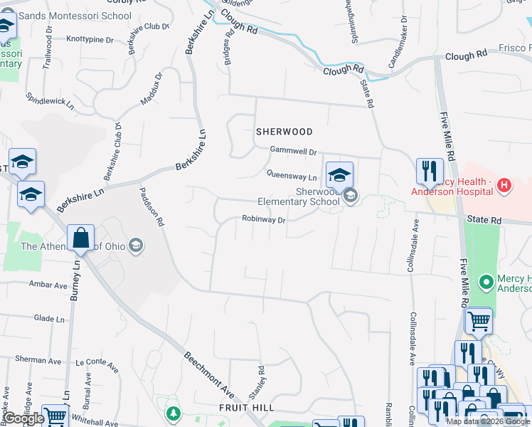 map of restaurants, bars, coffee shops, grocery stores, and more near 7018 Moorfield Drive in Cincinnati