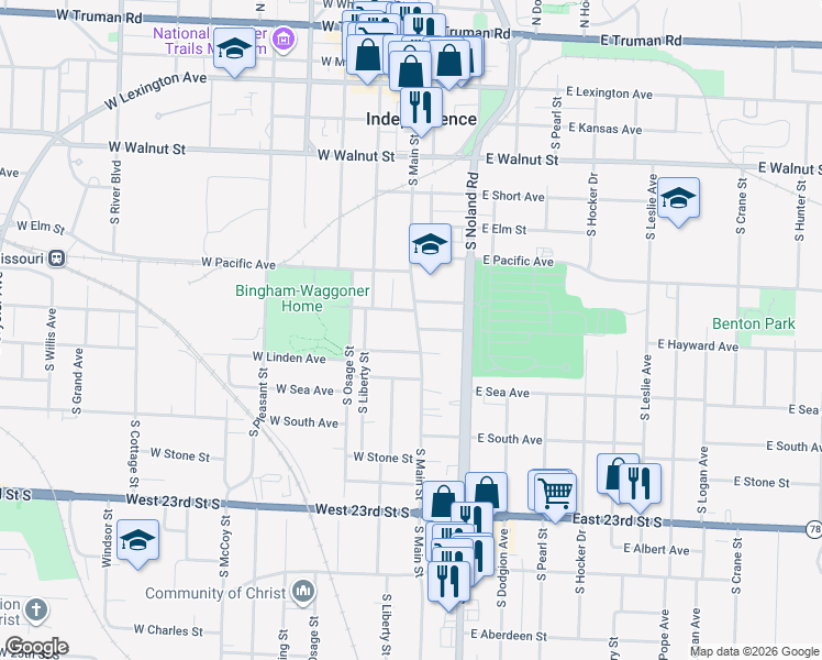 map of restaurants, bars, coffee shops, grocery stores, and more near 111 West Linden Avenue in Independence