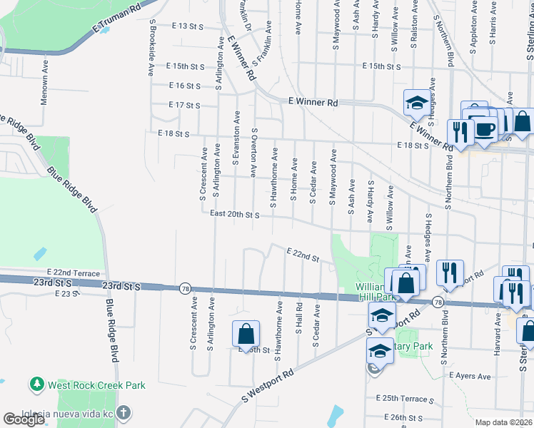 map of restaurants, bars, coffee shops, grocery stores, and more near 2013 South Hawthorne Avenue in Independence