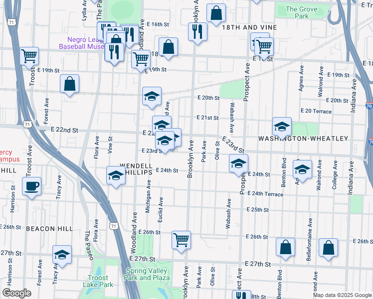 map of restaurants, bars, coffee shops, grocery stores, and more near 2312 Brooklyn Avenue in Kansas City