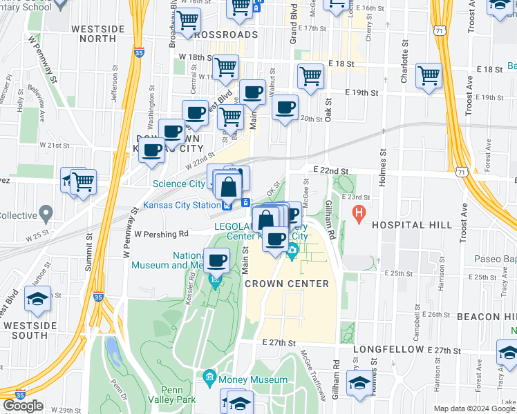 map of restaurants, bars, coffee shops, grocery stores, and more near in Kansas City