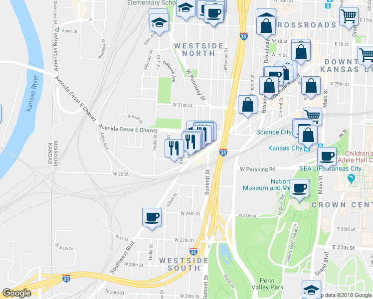 map of restaurants, bars, coffee shops, grocery stores, and more near 920a West Pershing Road in Kansas City