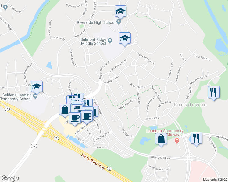 map of restaurants, bars, coffee shops, grocery stores, and more near 19192 Greystone Square in Leesburg