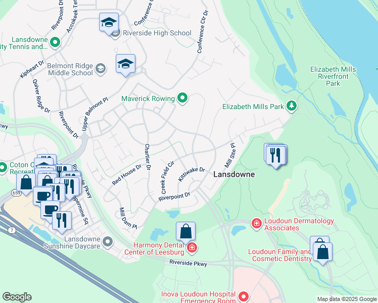 map of restaurants, bars, coffee shops, grocery stores, and more near 19237 Creek Field Circle in Leesburg