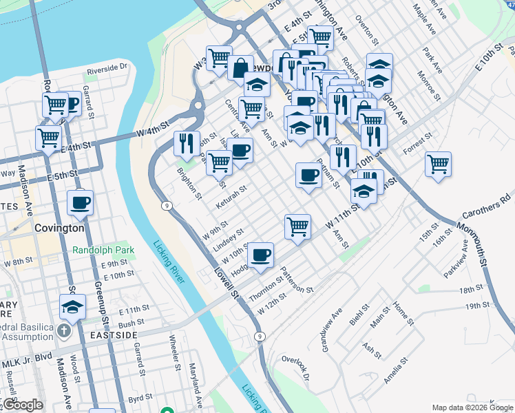 map of restaurants, bars, coffee shops, grocery stores, and more near 337 Lindsey Street in Newport
