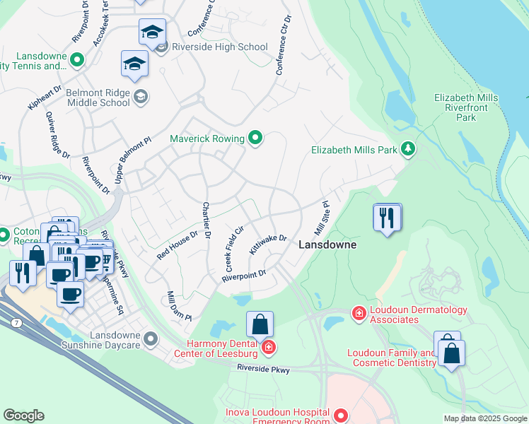 map of restaurants, bars, coffee shops, grocery stores, and more near 19237 Creek Field Circle in Leesburg