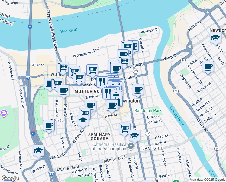 map of restaurants, bars, coffee shops, grocery stores, and more near 614 Washington Street in Covington