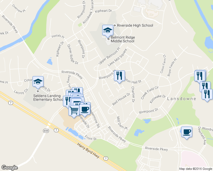 map of restaurants, bars, coffee shops, grocery stores, and more near 43635 Hopkins Mill Terrace in Leesburg