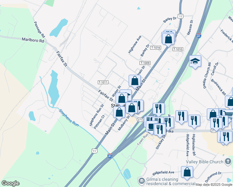 map of restaurants, bars, coffee shops, grocery stores, and more near 5350 Water Street in Stephens City