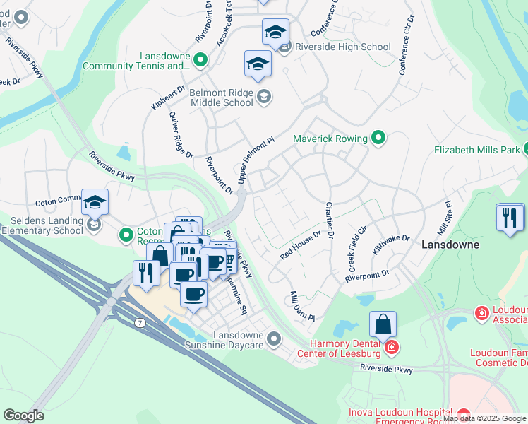 map of restaurants, bars, coffee shops, grocery stores, and more near 43635 Hopkins Mill Terrace in Leesburg