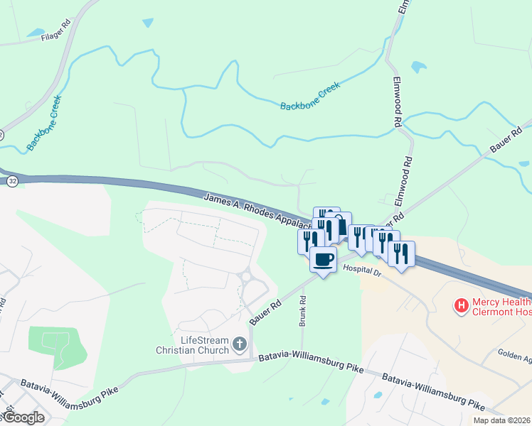 map of restaurants, bars, coffee shops, grocery stores, and more near James A. Rhodes Appalachian Highway in Batavia