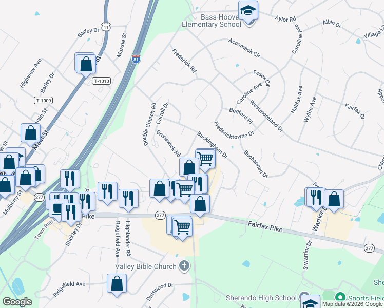 map of restaurants, bars, coffee shops, grocery stores, and more near 105 Chesterfield Circle in Stephens City