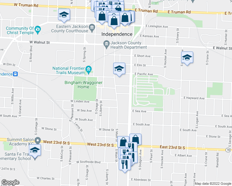 map of restaurants, bars, coffee shops, grocery stores, and more near 718 South Main Street in Independence
