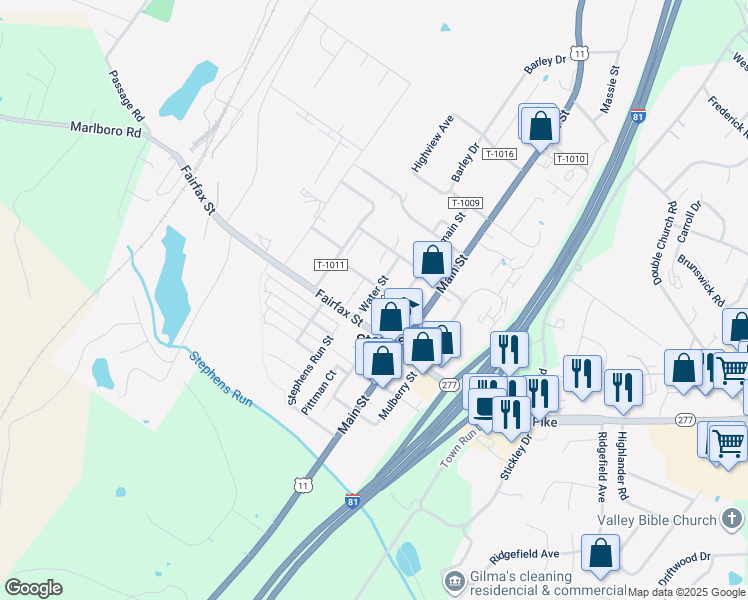 map of restaurants, bars, coffee shops, grocery stores, and more near 5350 Water Street in Stephens City