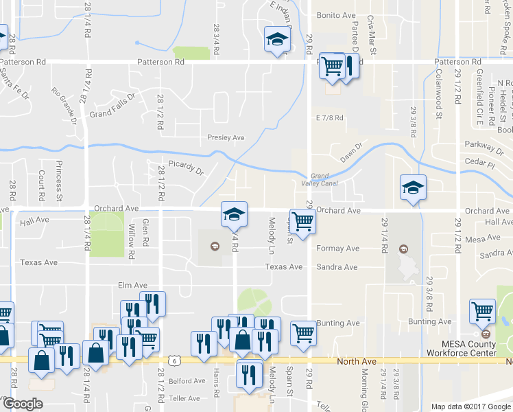 map of restaurants, bars, coffee shops, grocery stores, and more near 2879 Pinyon Avenue in Grand Junction