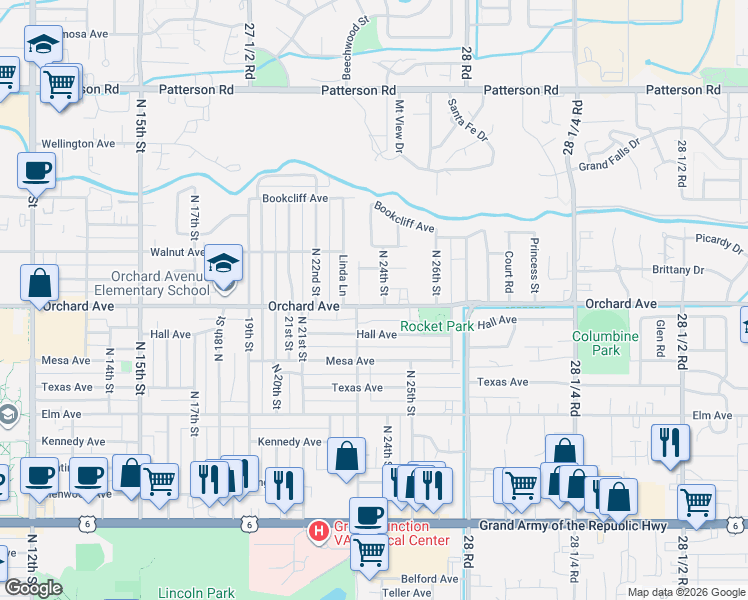 map of restaurants, bars, coffee shops, grocery stores, and more near 2409 Pinyon Avenue in Grand Junction