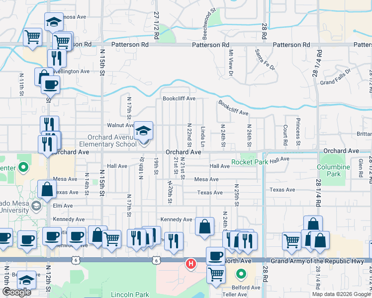 map of restaurants, bars, coffee shops, grocery stores, and more near 1944 North 22nd Street in Grand Junction