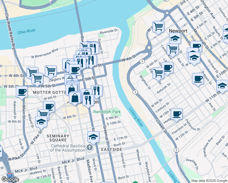 map of restaurants, bars, coffee shops, grocery stores, and more near 530 Garrard Street in Covington