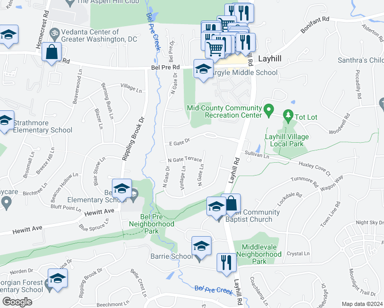 map of restaurants, bars, coffee shops, grocery stores, and more near 2313 North Gate Terrace in Silver Spring
