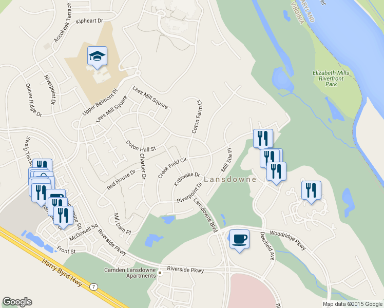 map of restaurants, bars, coffee shops, grocery stores, and more near 19229 Creek Field Circle in Leesburg