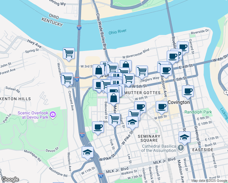 map of restaurants, bars, coffee shops, grocery stores, and more near 473w West 5th Street in Covington