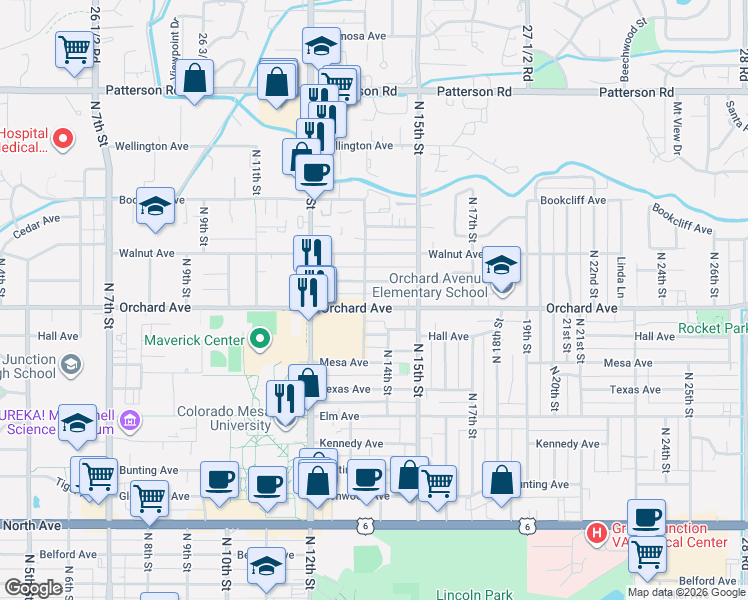 map of restaurants, bars, coffee shops, grocery stores, and more near 1391 Pinyon Avenue in Grand Junction