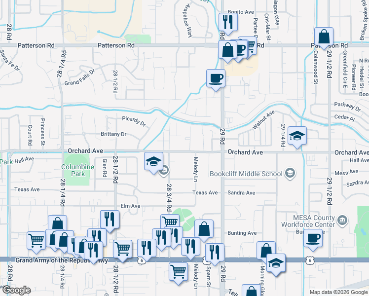 map of restaurants, bars, coffee shops, grocery stores, and more near 2882 Orchard Avenue in Grand Junction