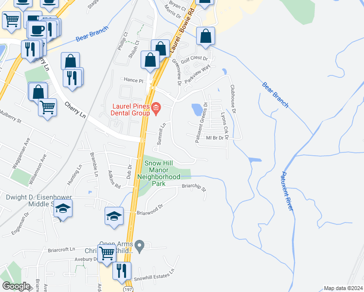 map of restaurants, bars, coffee shops, grocery stores, and more near 14219 Greenview Drive in Laurel