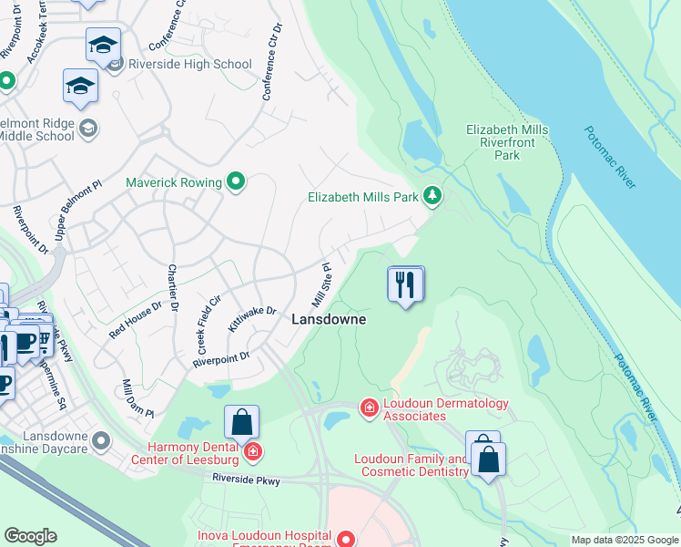map of restaurants, bars, coffee shops, grocery stores, and more near 19214 Mill Site Place in Leesburg