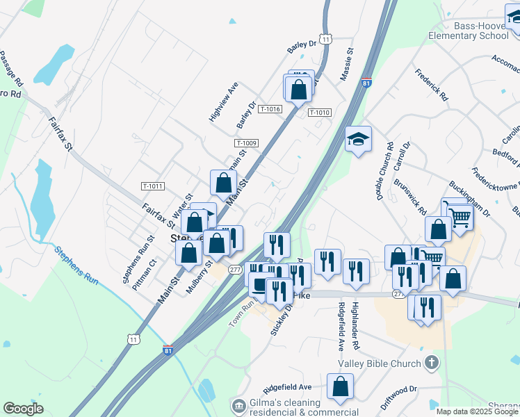map of restaurants, bars, coffee shops, grocery stores, and more near 5280 Mulberry Street in Stephens City