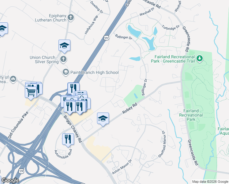 map of restaurants, bars, coffee shops, grocery stores, and more near 14000 Castle Boulevard in Silver Spring