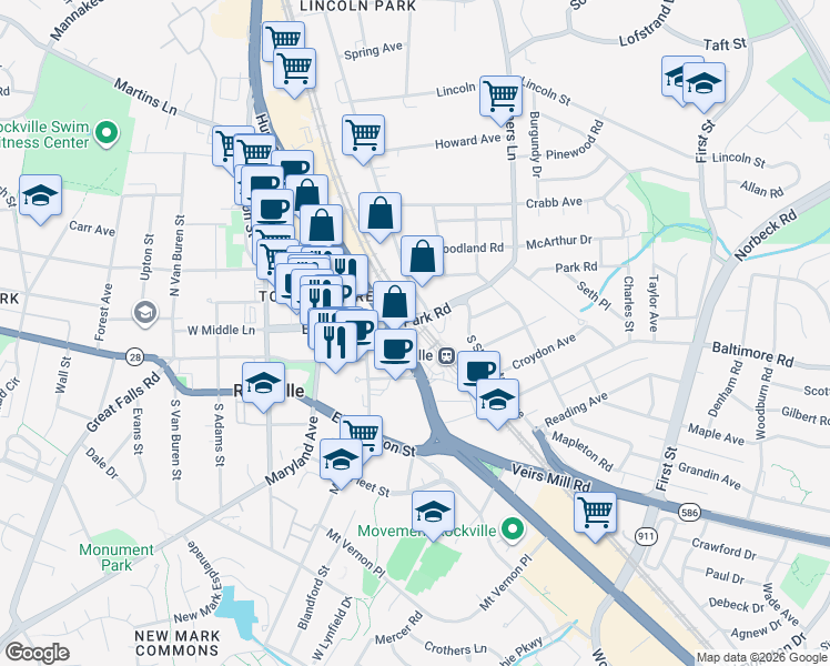 map of restaurants, bars, coffee shops, grocery stores, and more near 51 Park Road in Rockville