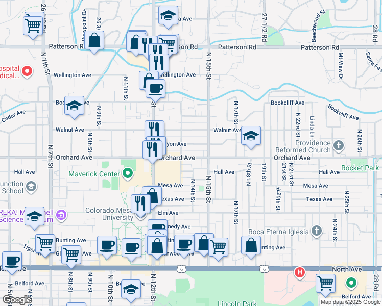 map of restaurants, bars, coffee shops, grocery stores, and more near 1391 Pinyon Avenue in Grand Junction