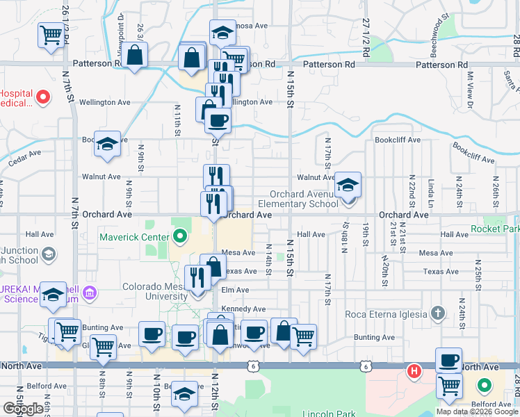 map of restaurants, bars, coffee shops, grocery stores, and more near 1391 Pinyon Avenue in Grand Junction