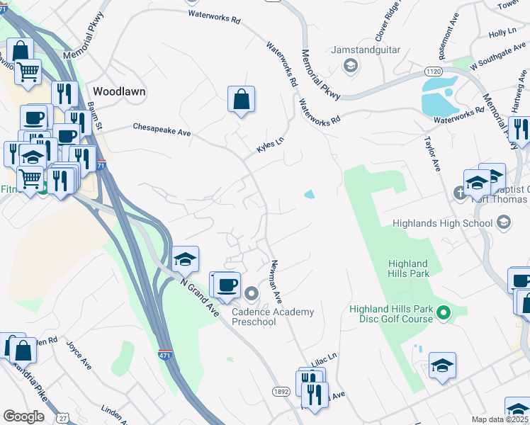 map of restaurants, bars, coffee shops, grocery stores, and more near 15 Patricia Court in Fort Thomas