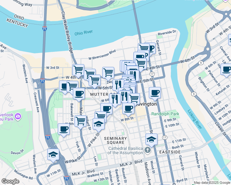 map of restaurants, bars, coffee shops, grocery stores, and more near 108 West 5th Street in Covington