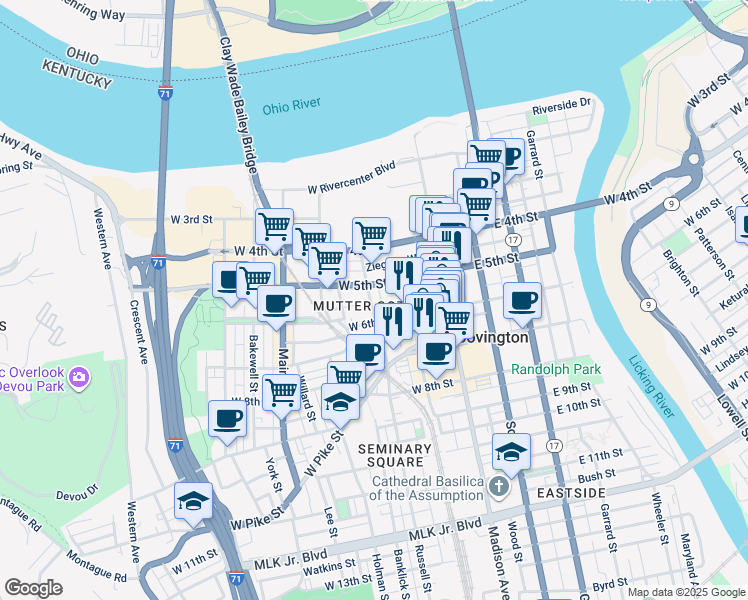 map of restaurants, bars, coffee shops, grocery stores, and more near 108 West 5th Street in Covington