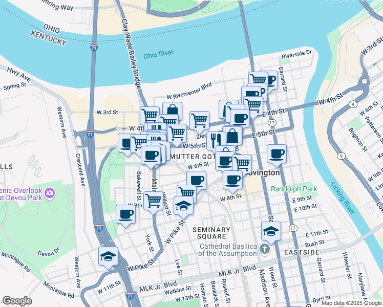 map of restaurants, bars, coffee shops, grocery stores, and more near 214 West 5th Street in Covington