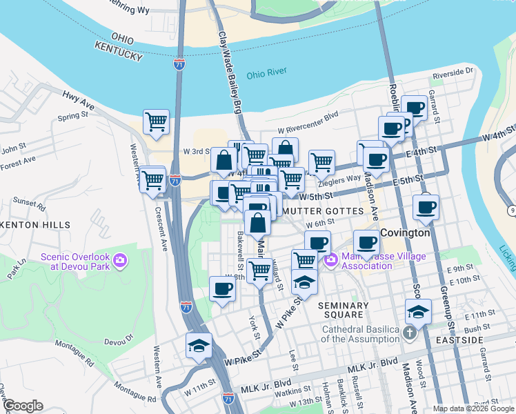 map of restaurants, bars, coffee shops, grocery stores, and more near 473w West 5th Street in Covington