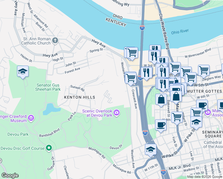 map of restaurants, bars, coffee shops, grocery stores, and more near 413 Wright Street in Covington