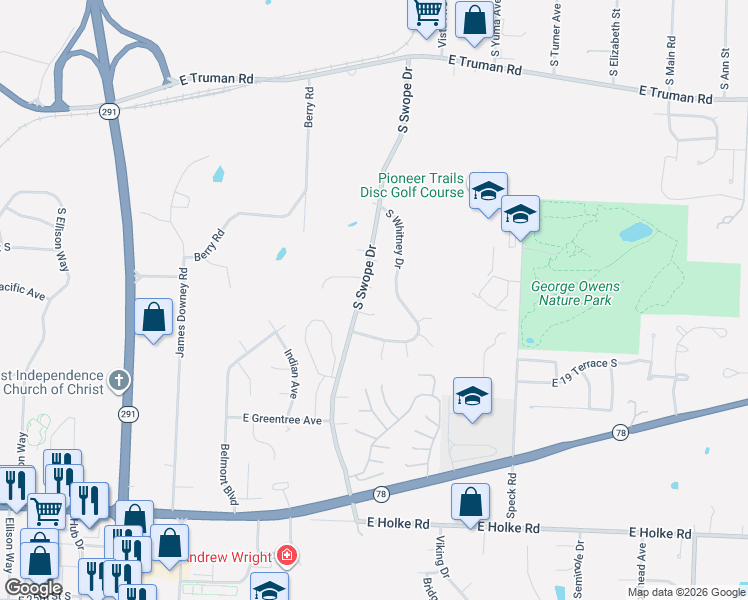 map of restaurants, bars, coffee shops, grocery stores, and more near 17904 East 18th Street Court South in Independence