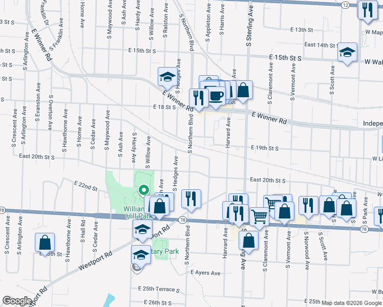 map of restaurants, bars, coffee shops, grocery stores, and more near 10811 East 19th Street South in Independence
