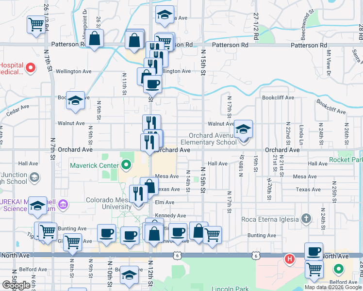 map of restaurants, bars, coffee shops, grocery stores, and more near 1391 Pinyon Avenue in Grand Junction