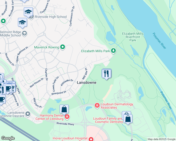 map of restaurants, bars, coffee shops, grocery stores, and more near 19214 Mill Site Place in Leesburg
